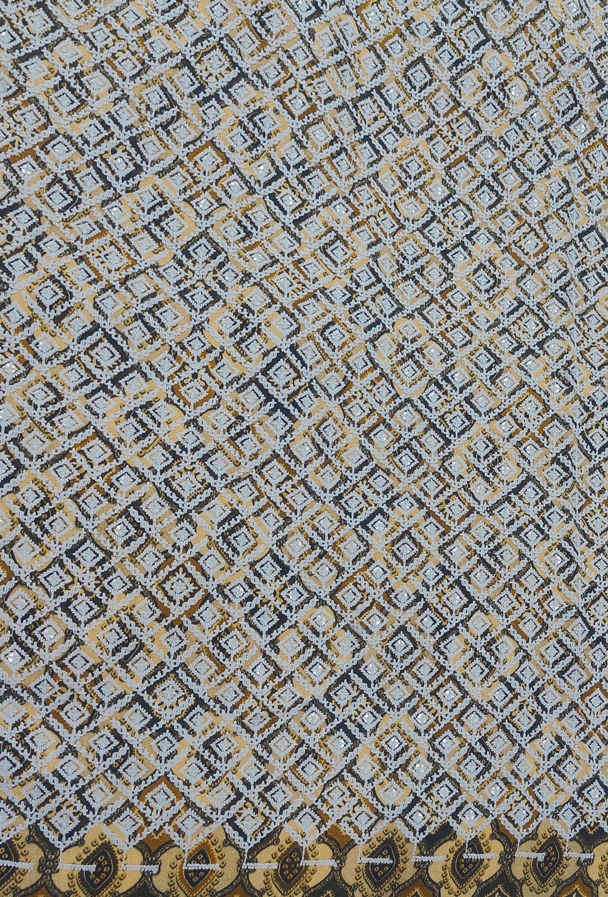 Kurta Fabric ManTire Designer Rayon geometric diamond grid Embroidery Colour Beige N Off White